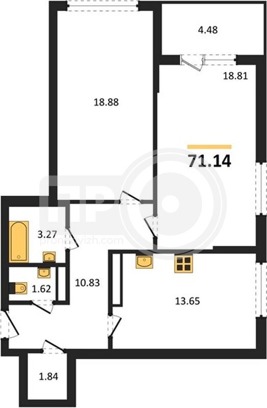 2-комнатная квартира, 71.14кв.м