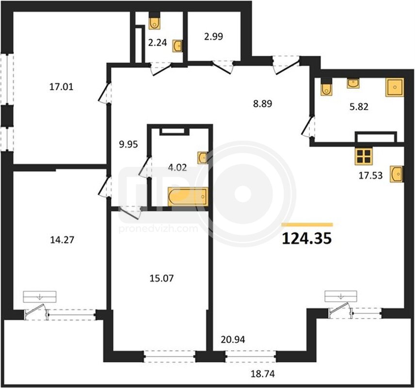 3-комнатная квартира, 124.35кв.м