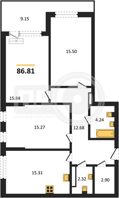 3-комнатная квартира, 86.81кв.м