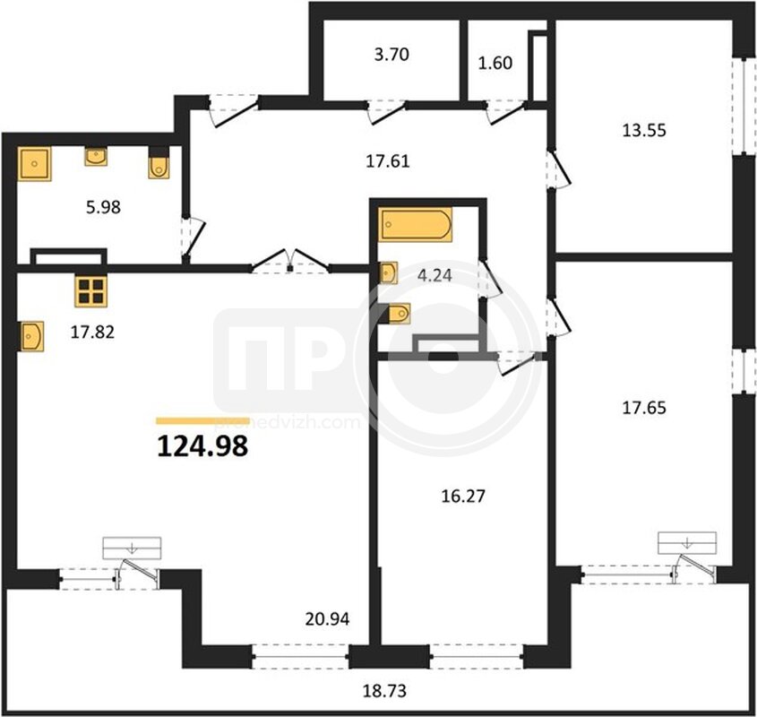 3-комнатная квартира, 124.98кв.м