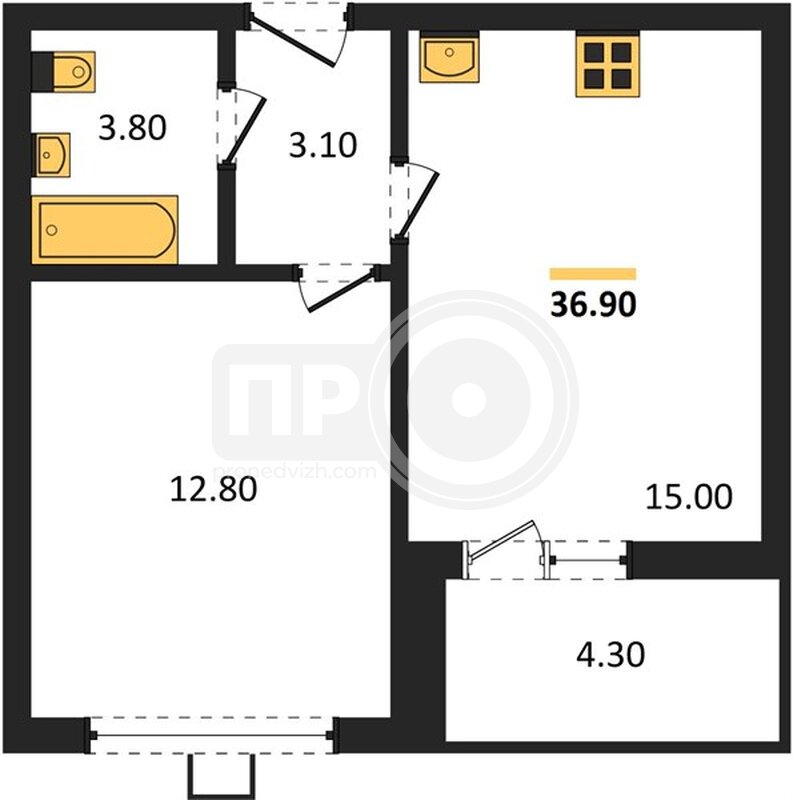 1-комнатная квартира, 36.9кв.м