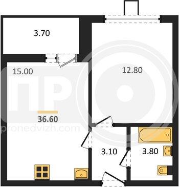 Миниатюра 1-комнатная квартира, 36.6кв.м