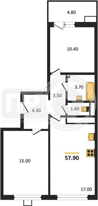 2-комнатная квартира, 57.9кв.м