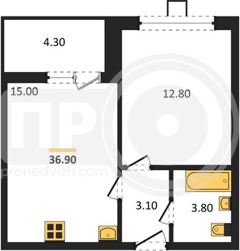 Миниатюра 1-комнатная квартира, 36.9кв.м
