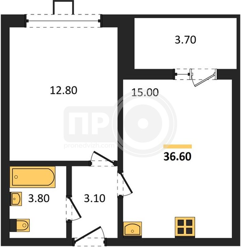 1-комнатная квартира, 36.6кв.м