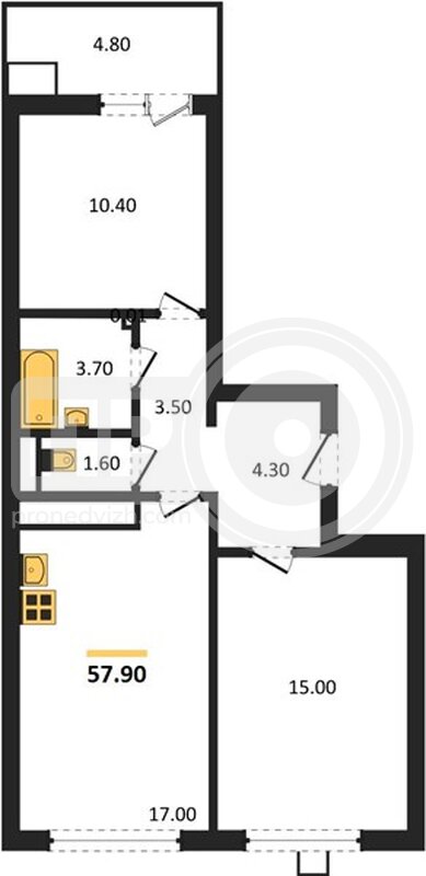 2-комнатная квартира, 57.9кв.м