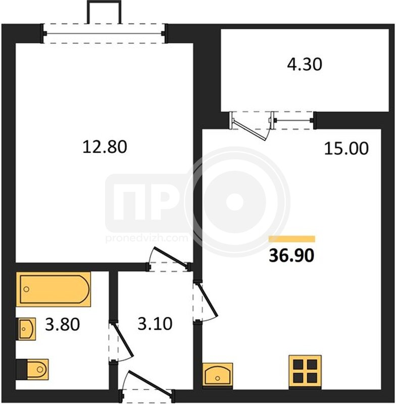 1-комнатная квартира, 36.9кв.м