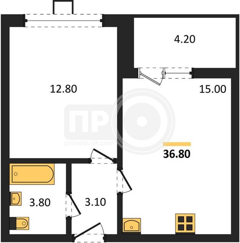 1-комнатная квартира, 36.8кв.м