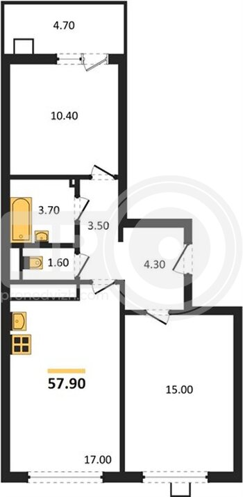 Миниатюра 2-комнатная квартира, 57.9кв.м