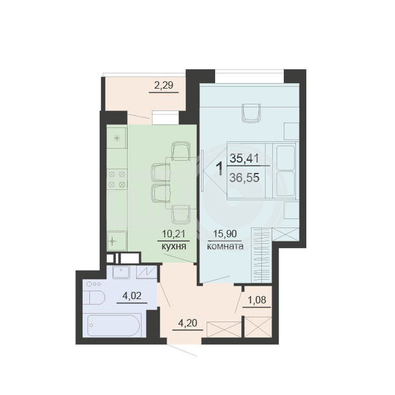 1-комнатная квартира, 36.55кв.м