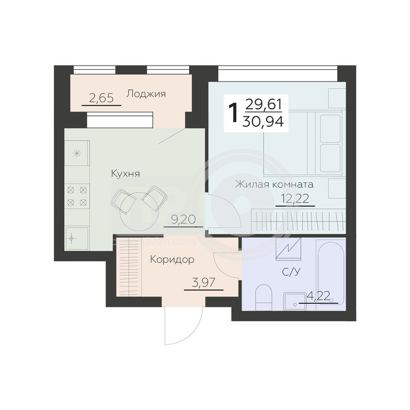1-комнатная квартира, 30.94кв.м