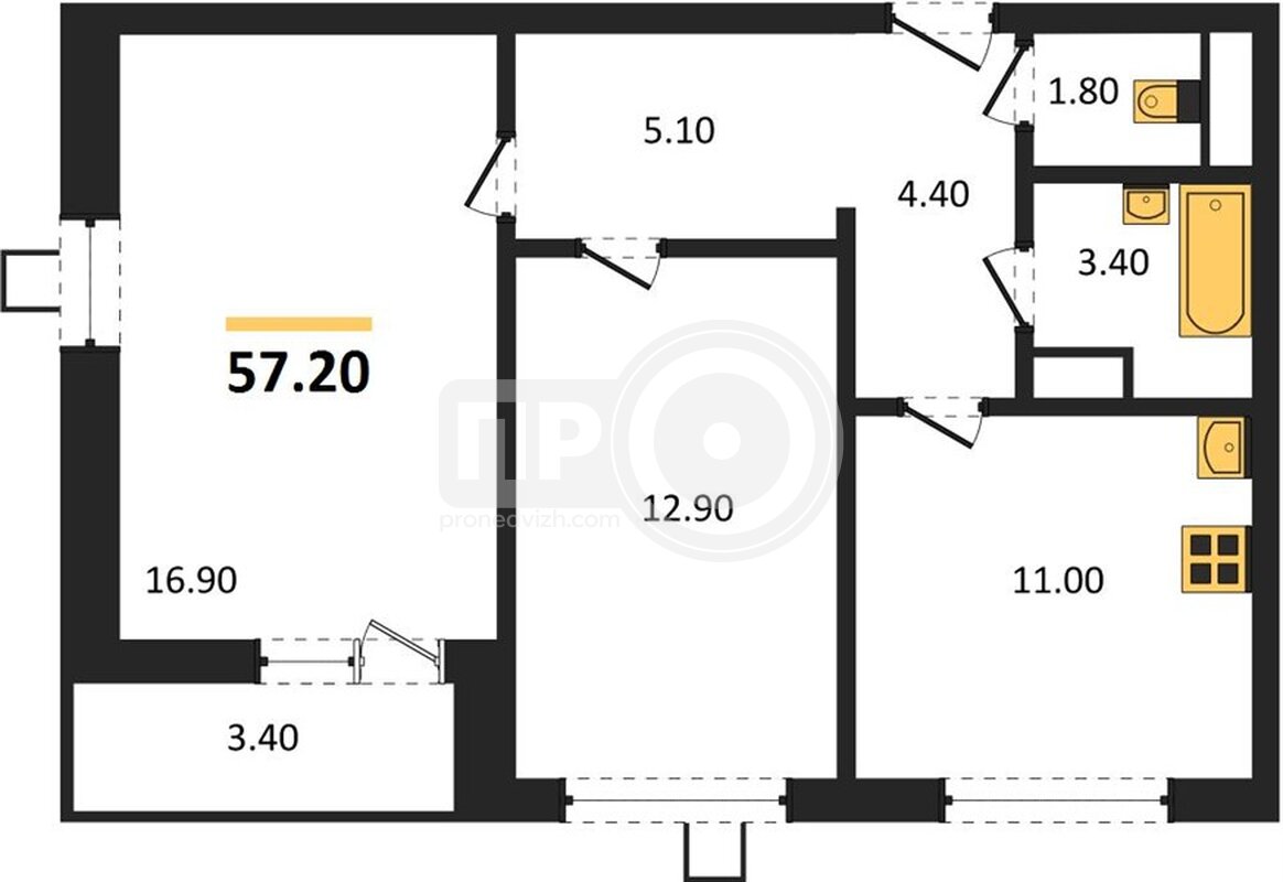 2-комнатная квартира, 57.2кв.м