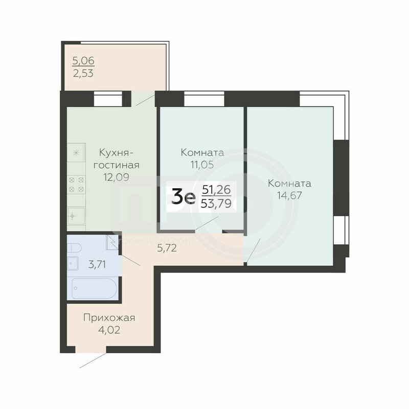3-комнатная квартира, 53.79кв.м