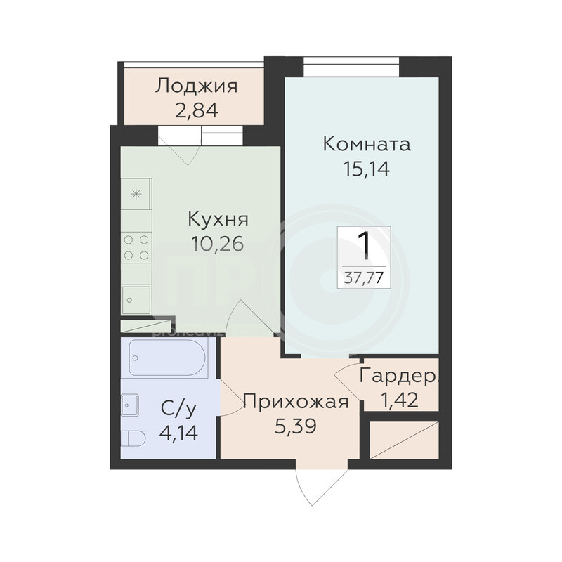 1-комнатная квартира, 37.77кв.м