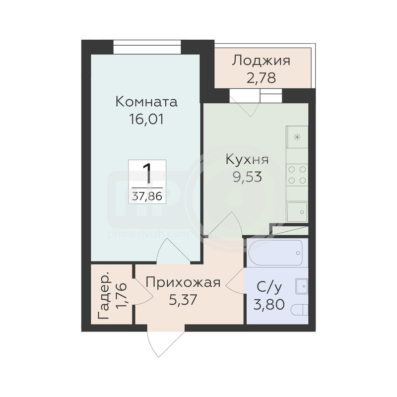 1-комнатная квартира, 37.86кв.м