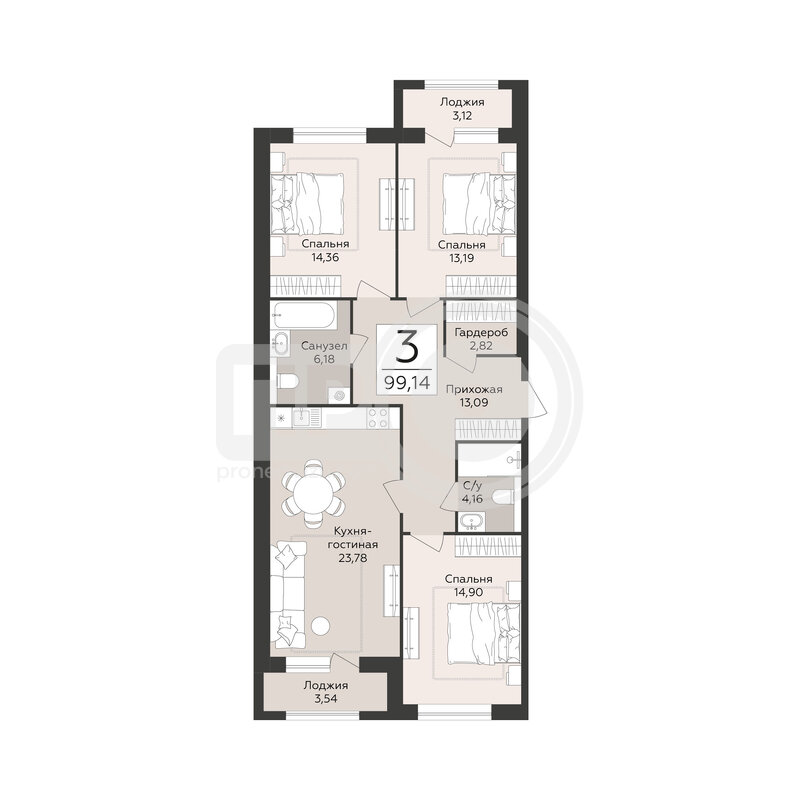 3-комнатная квартира, 99.14кв.м