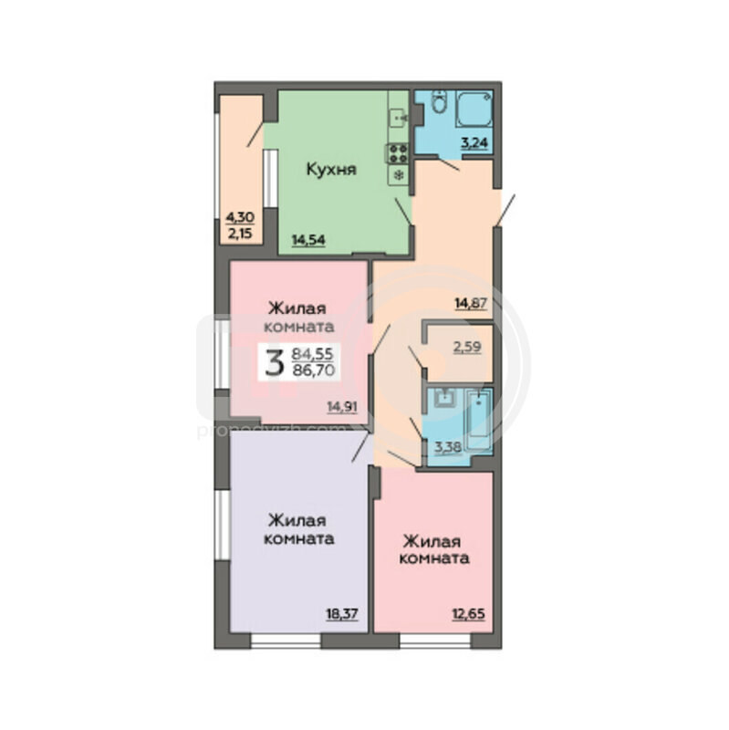 3-комнатная квартира, 86.7кв.м