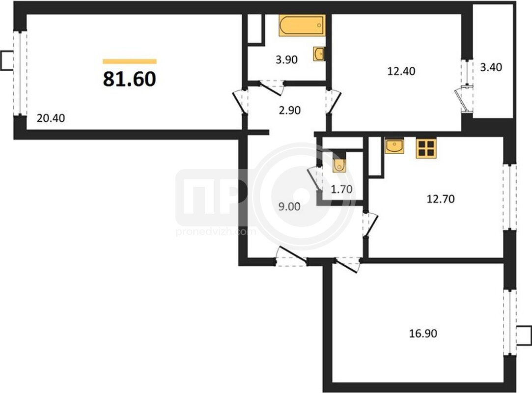 3-комнатная квартира, 81.6кв.м