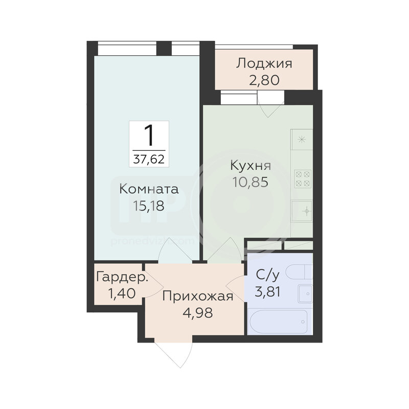 1-комнатная квартира, 37.62кв.м