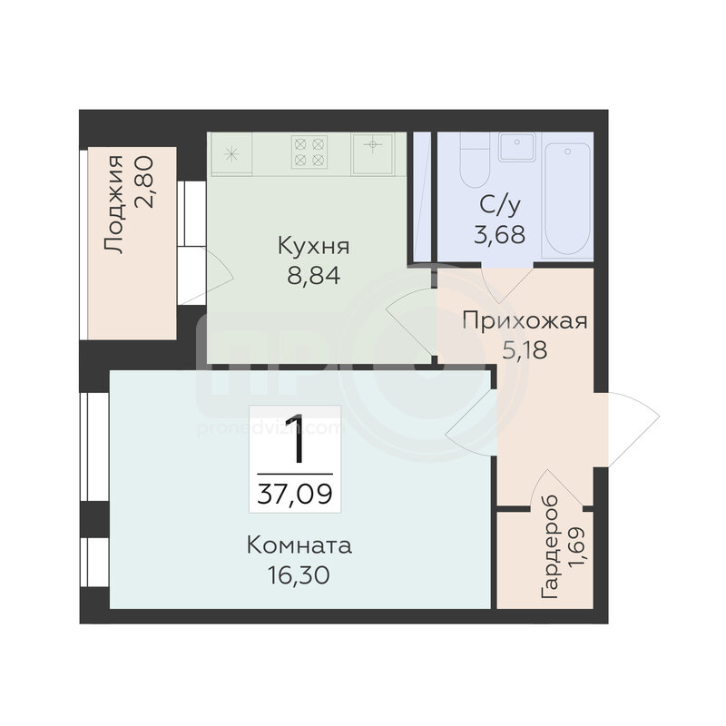 1-комнатная квартира, 37.09кв.м
