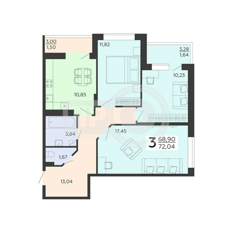 3-комнатная квартира, 72.04кв.м