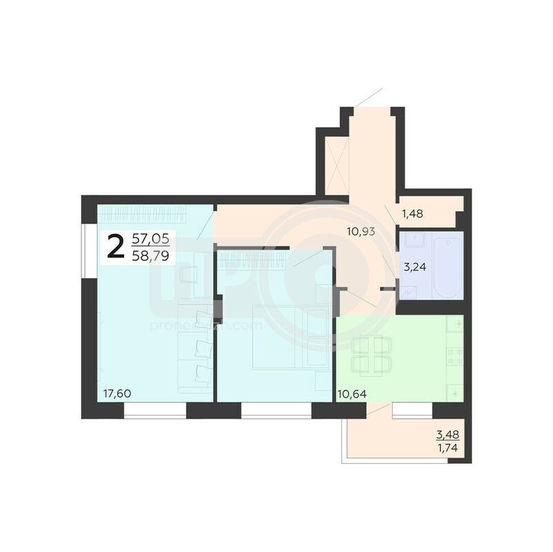 2-комнатная квартира, 58.79кв.м