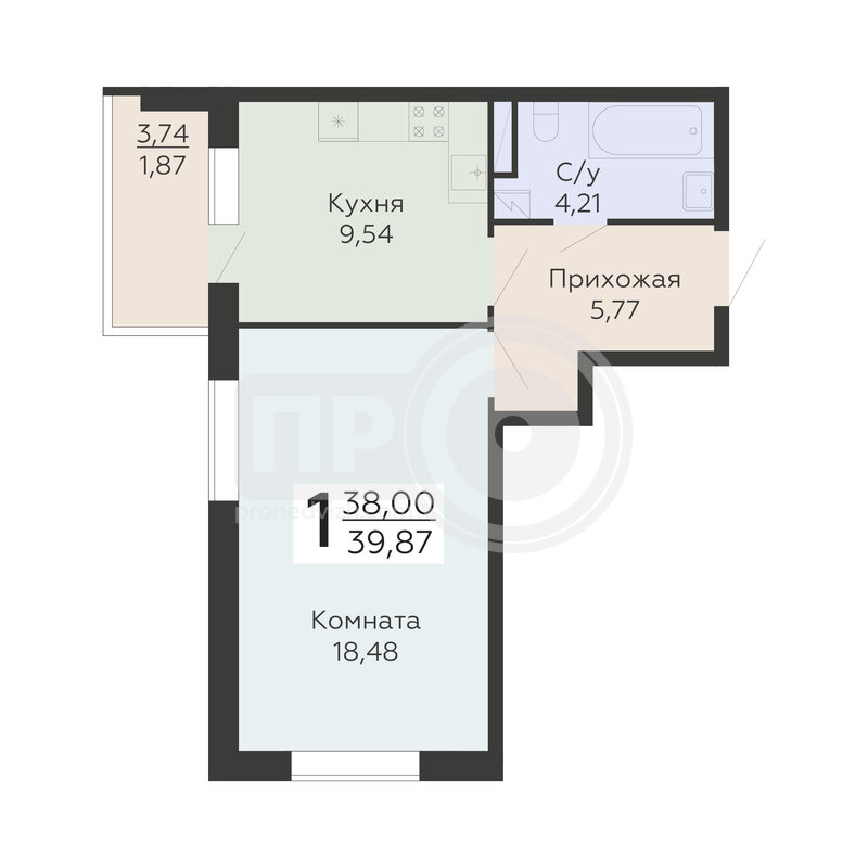 1-комнатная квартира, 39.87кв.м