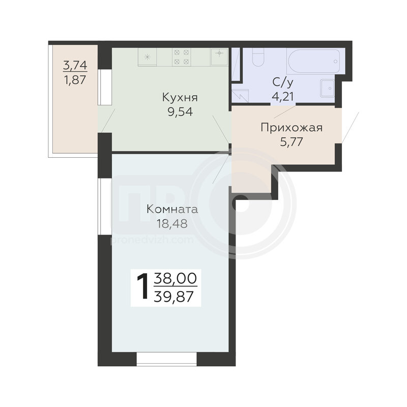 1-комнатная квартира, 39.87кв.м