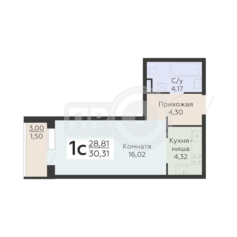 1-комнатная квартира, 30.31кв.м