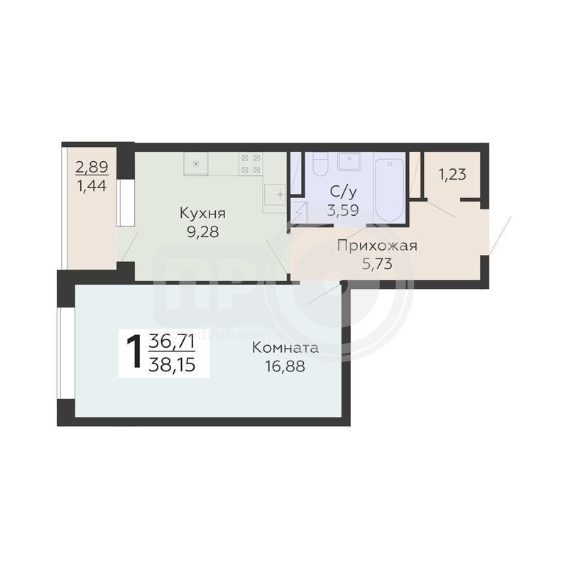 1-комнатная квартира, 38.15кв.м