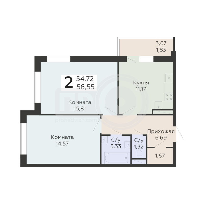 2-комнатная квартира, 56.55кв.м