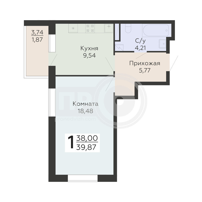 1-комнатная квартира, 39.87кв.м