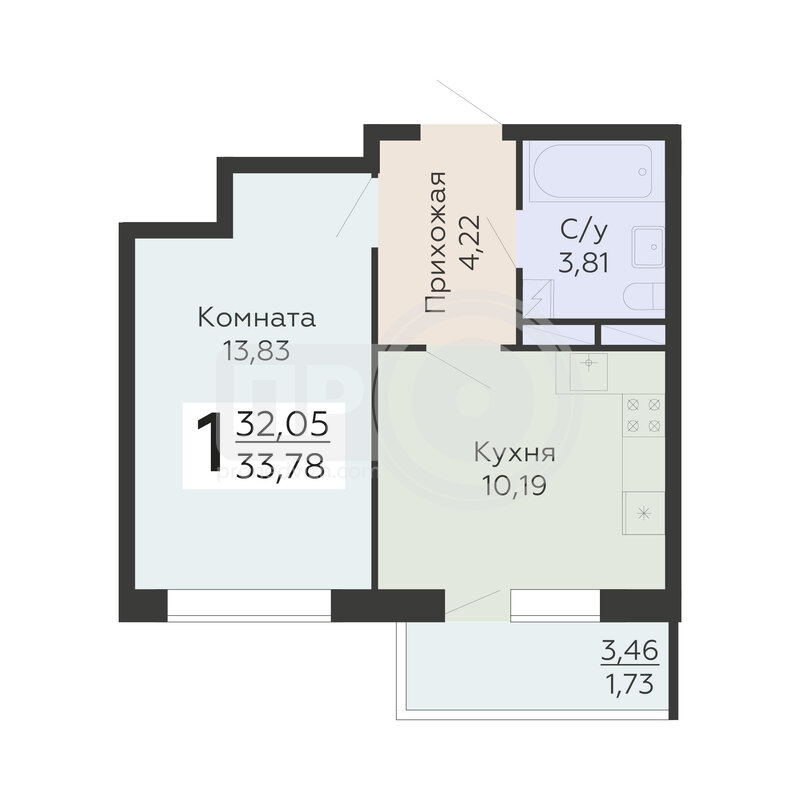 1-комнатная квартира, 33.78кв.м