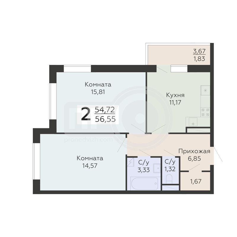 2-комнатная квартира, 56.55кв.м
