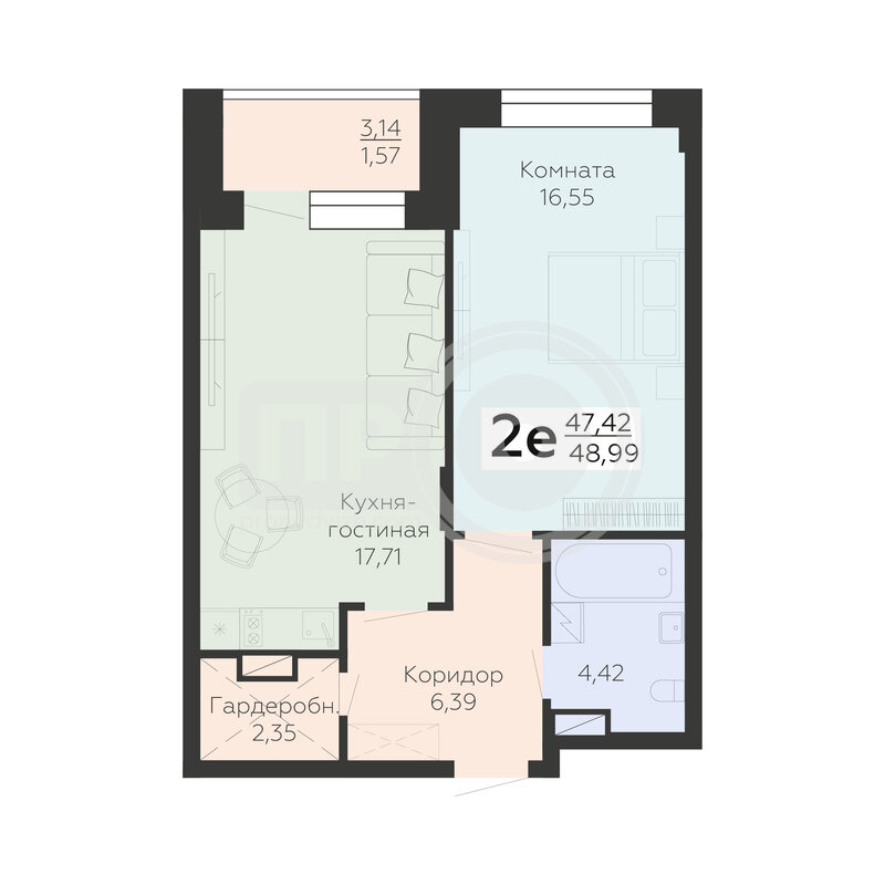 2-комнатная квартира, 48.99кв.м