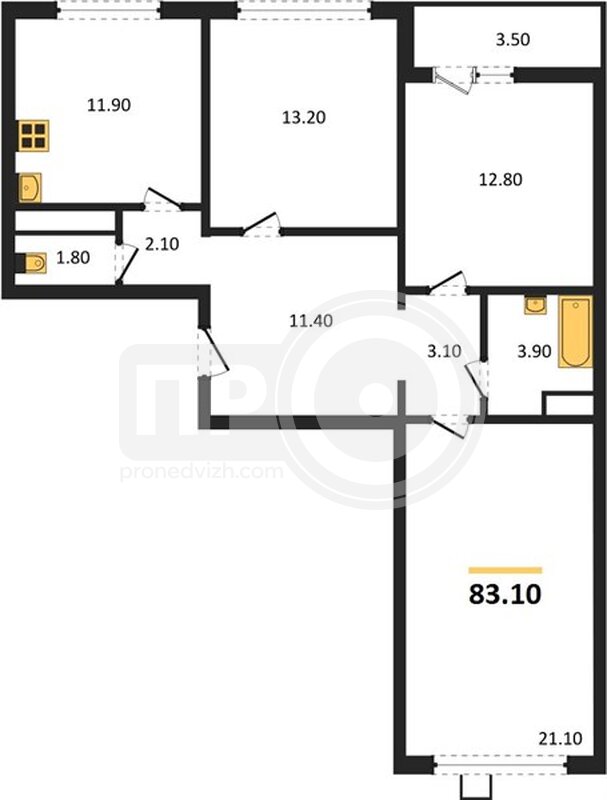3-комнатная квартира, 83.1кв.м