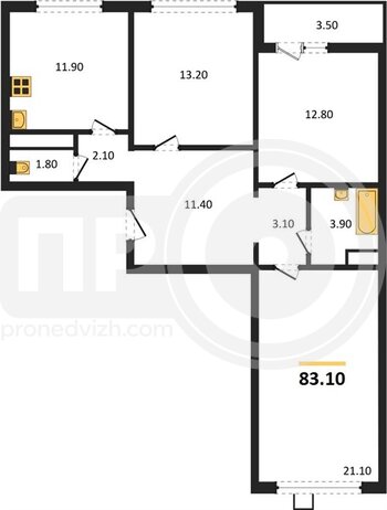 Миниатюра 3-комнатная квартира, 83.1кв.м