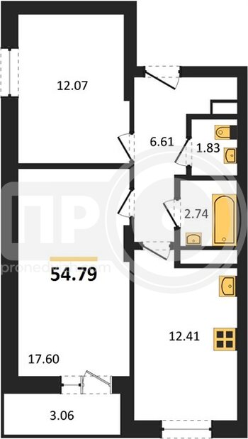 Миниатюра 2-комнатная квартира, 54.79кв.м