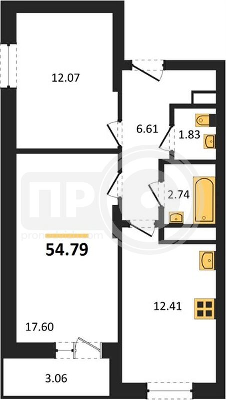 2-комнатная квартира, 54.79кв.м