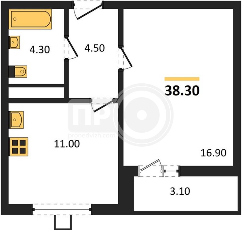 1-комнатная квартира, 38.3кв.м