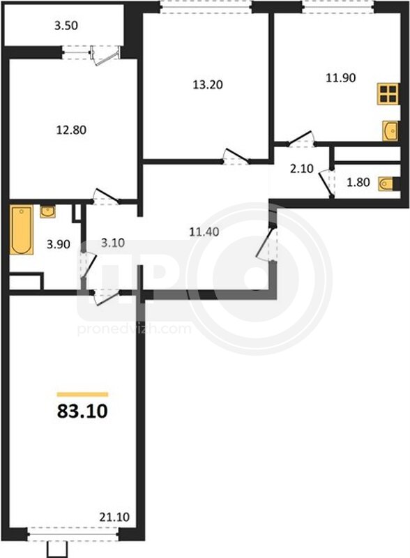 3-комнатная квартира, 83.1кв.м
