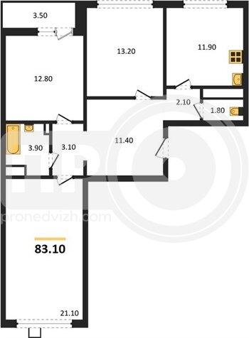 Миниатюра 3-комнатная квартира, 83.1кв.м