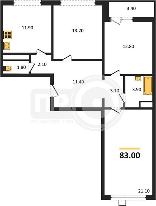 3-комнатная квартира, 83кв.м