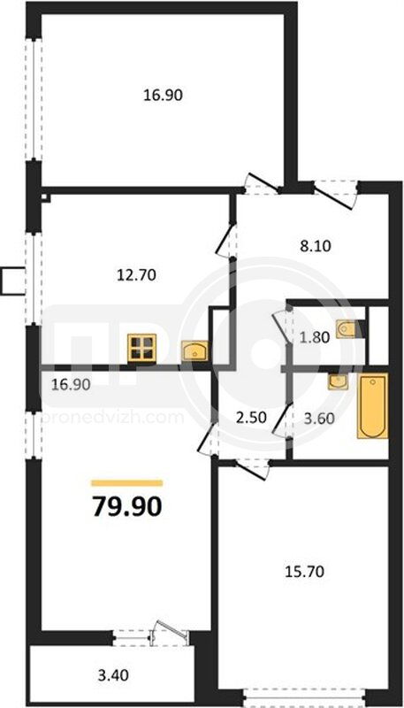 3-комнатная квартира, 79.9кв.м