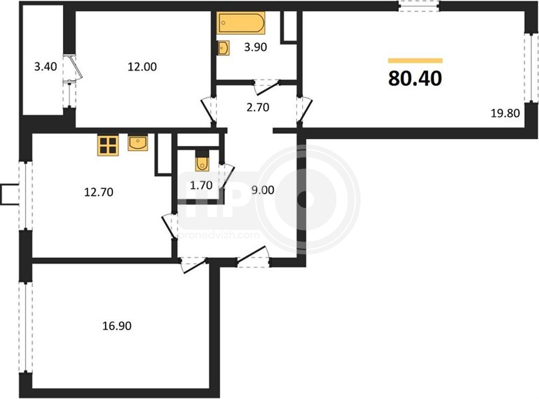 3-комнатная квартира, 80.4кв.м