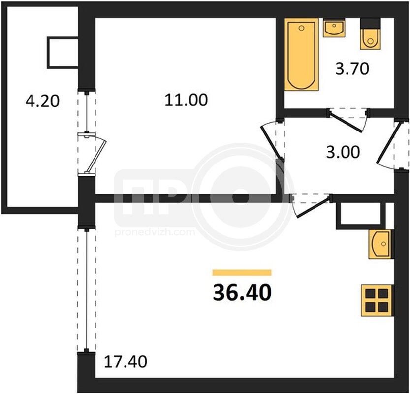 1-комнатная квартира, 36.4кв.м