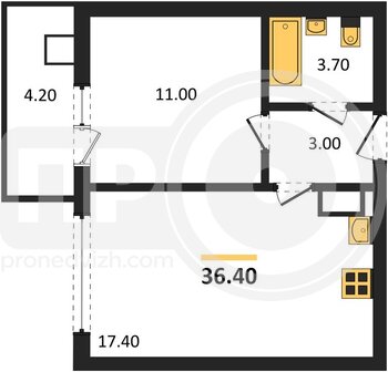 Миниатюра 1-комнатная квартира, 36.4кв.м
