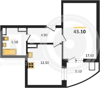 Миниатюра 1-комнатная квартира, 43.1кв.м