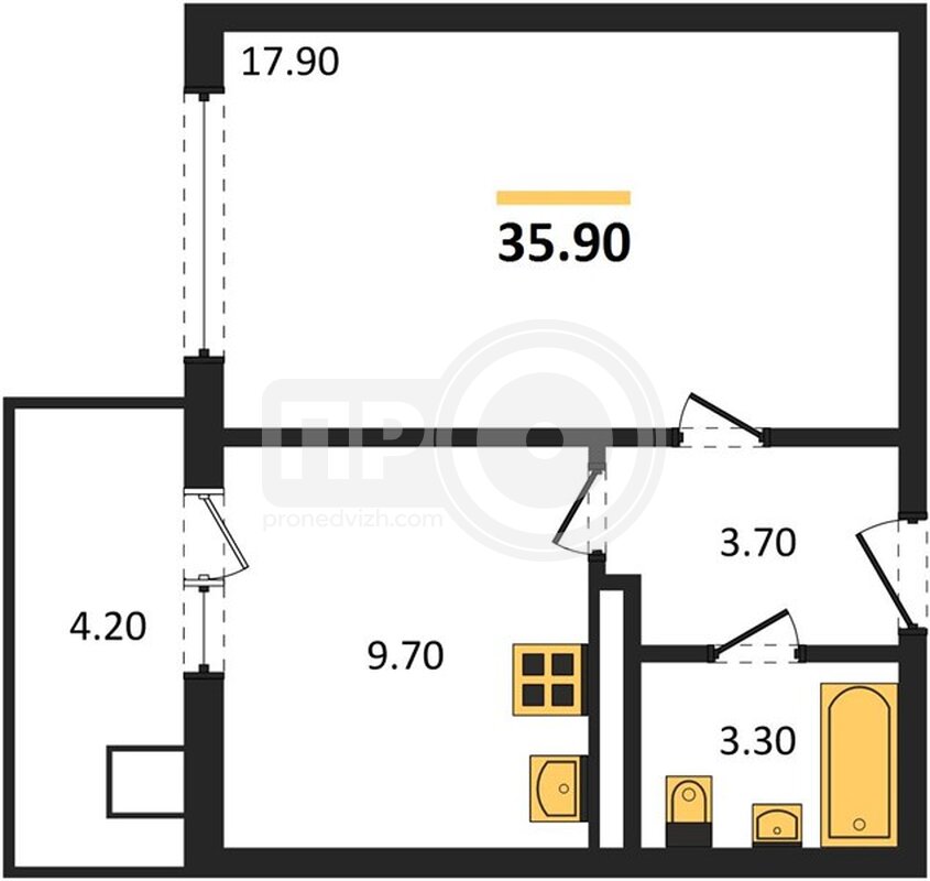 1-комнатная квартира, 35.9кв.м