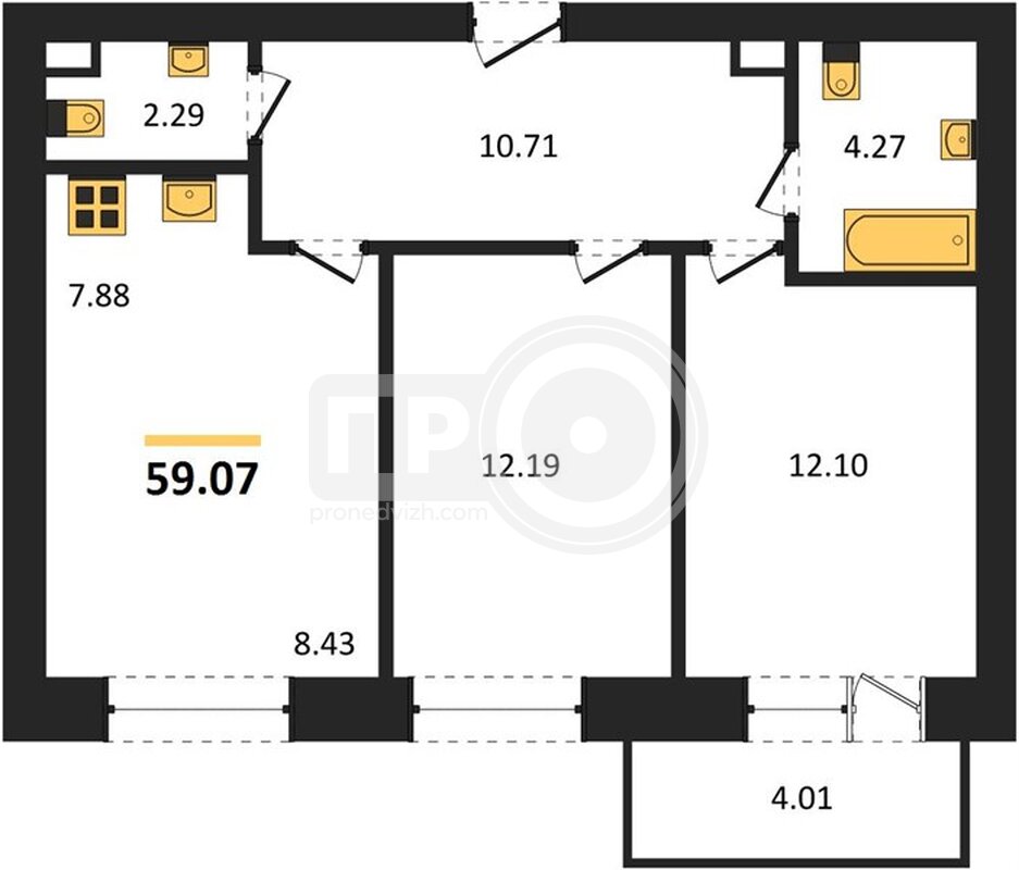 2-комнатная квартира, 59.07кв.м